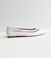 New Look Wide Fit White Leather-Look Mesh Spot Bow Ballerina Pumps